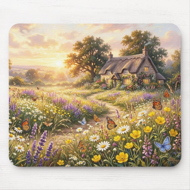Wildflowers and a Cute Cottage Mouse Mat (Front)