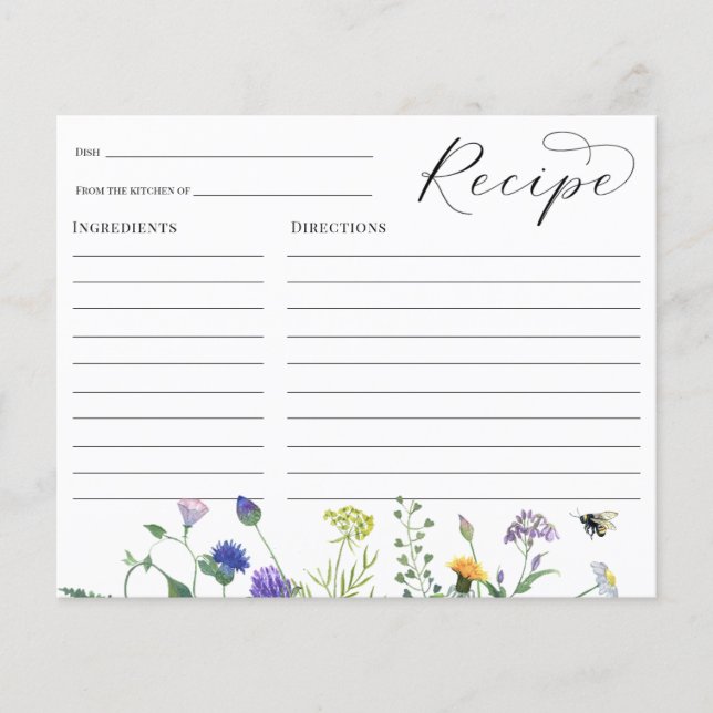 Wildflowers and Bees Bridal Shower Recipe card (Front)