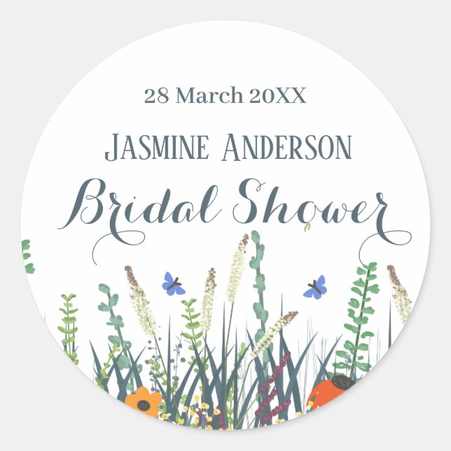 Wildflowers and butterflies bridal shower   classic round sticker (Front)
