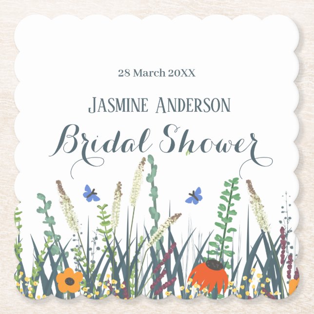 Wildflowers and butterflies bridal shower     paper coaster (Front)