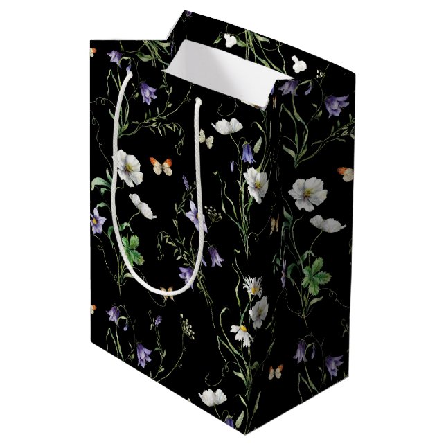 Wildflowers and Butterflies On Black Medium Gift Bag (Back Angled)