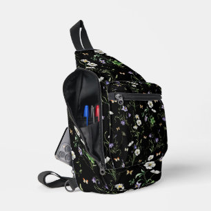 Wildflowers and Butterflies On Black Sling Bag
