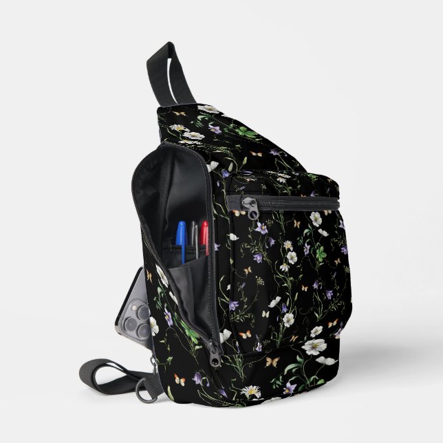 Wildflowers and Butterflies On Black Sling Bag (Open)