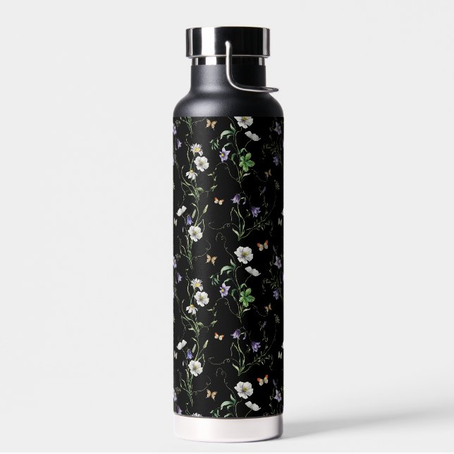 Wildflowers and Butterflies On Black Water Bottle (Left)