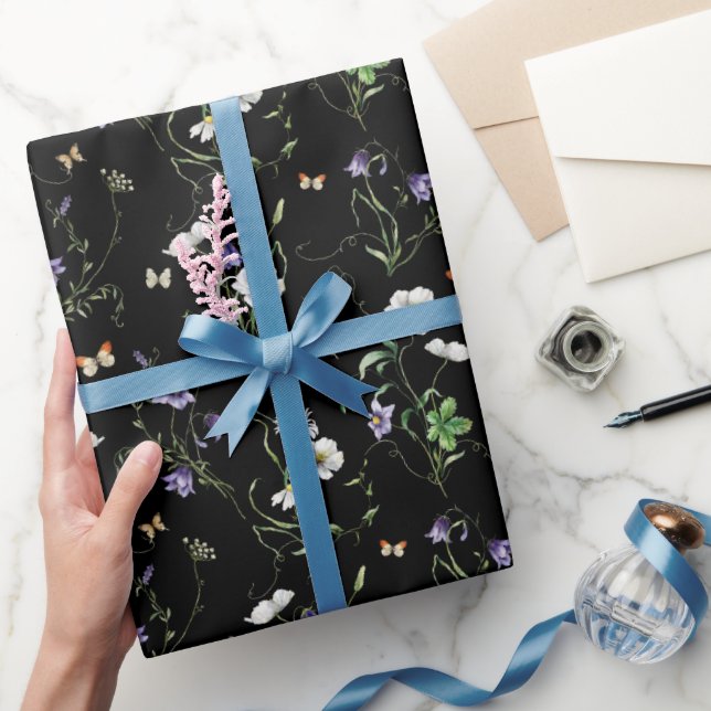 Wildflowers and Butterflies On Black Wrapping Paper (Gifting)