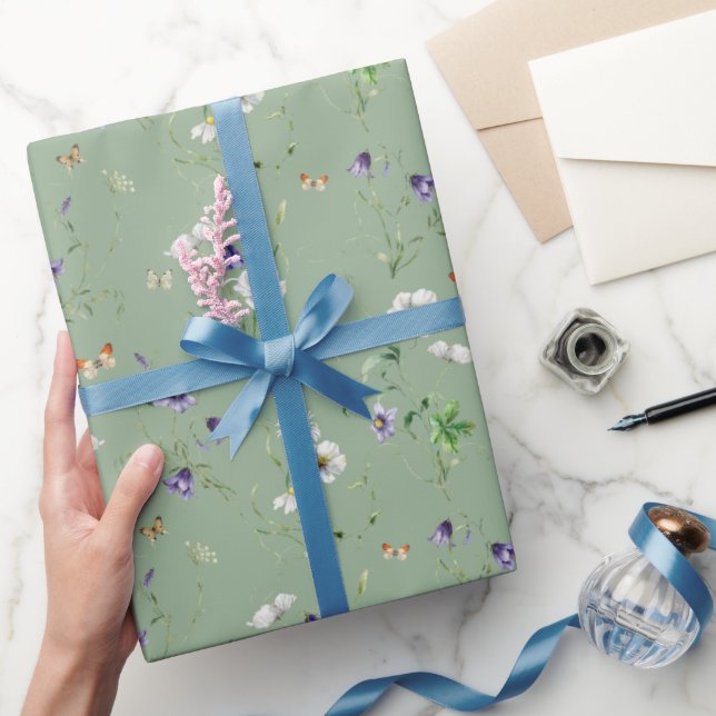 Wildflowers and Butterflies On Sage Green Wrapping Paper (Gifting)
