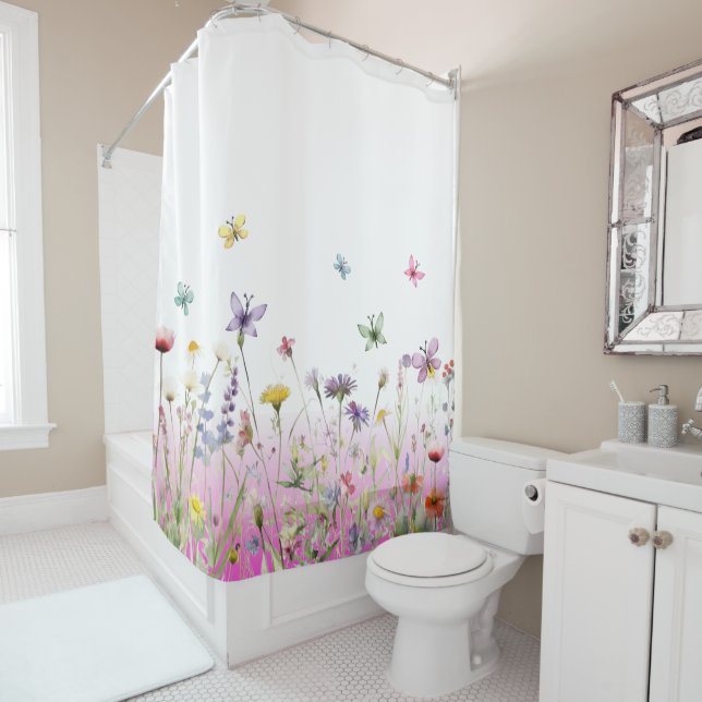  Wildflowers and butterflies pink gradient Shower Curtain (In Situ)