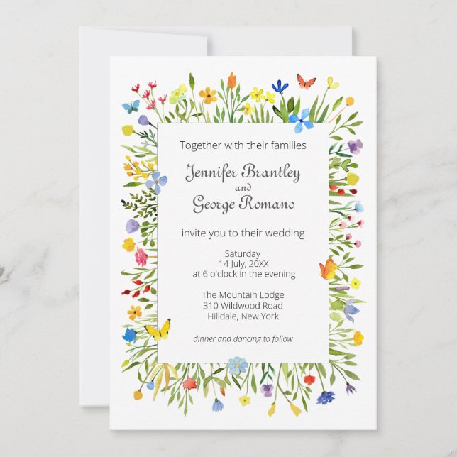 Wildflowers and Butterflies Watercolor Wedding Invitation (Front)