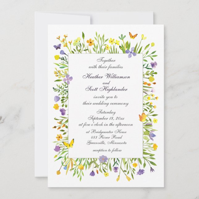 Wildflowers and Butterflies Watercolor Wedding Invitation (Front)