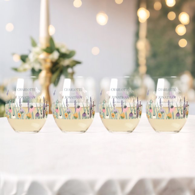 Wildflowers and Butterflies Wedding  Stemless Wine Glass (Insitu (Wedding))