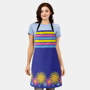 Wildflowers and colourful stripes, blue background apron
