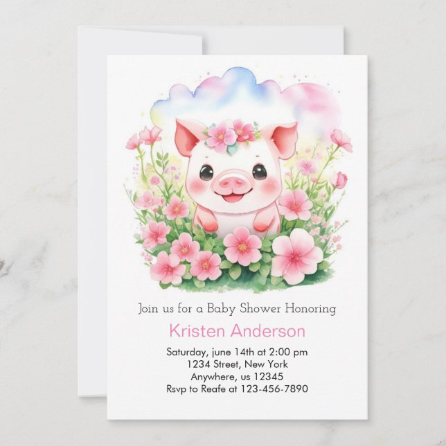 Wildflowers and Cute Pink Piglet Girl Baby Shower Invitation (Front)