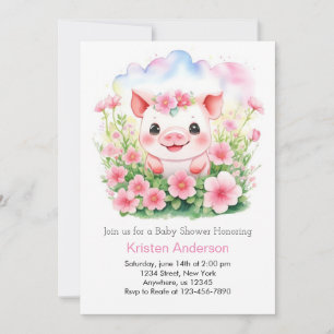 Wildflowers and Cute Pink Piglet Girl Baby Shower Invitation
