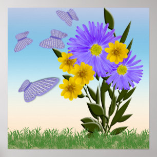 Wildflowers and Gingham Butterflies Poster