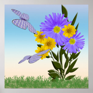 Wildflowers and Gingham Butterflies Poster