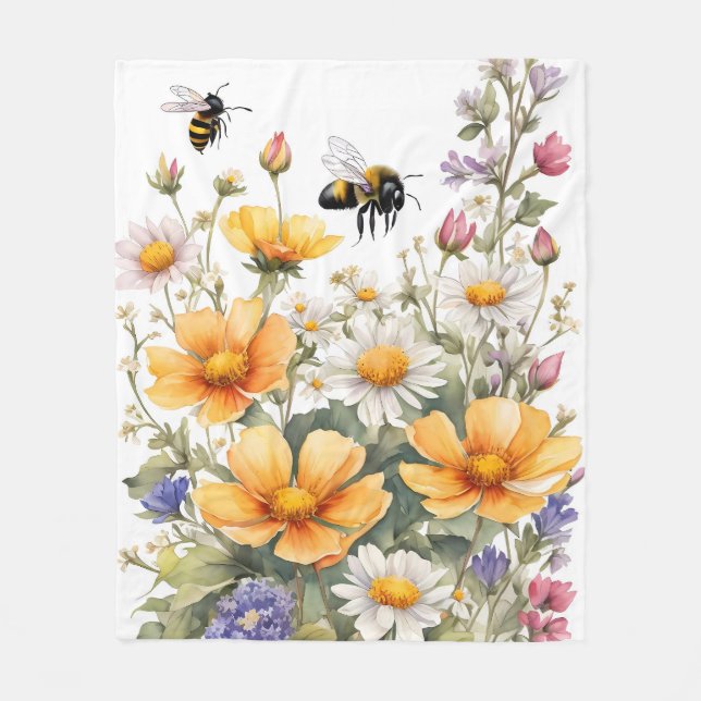 Wildflowers and Honey Bees Watercolor Fleece Blanket (Front)