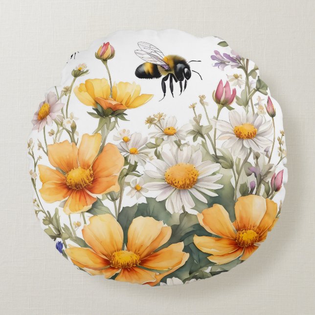 Wildflowers and Honey Bees Watercolor Round Cushion (Front)