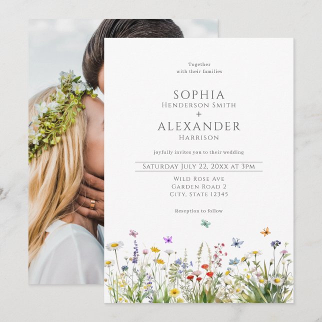Wildflowers and Photo Wedding  Invitation (Front/Back)