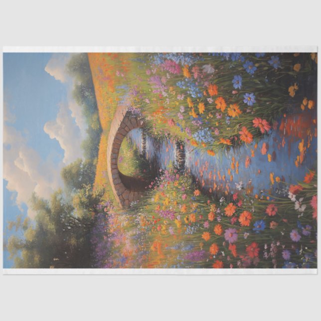 Wildflowers and Stone Bridge Fine Art Decoupage Tissue Paper (Front)