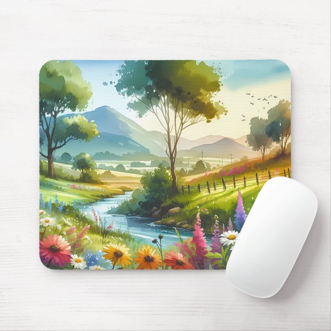 Wildflowers and Stream in Spring Valley Mouse Mat (With Mouse)