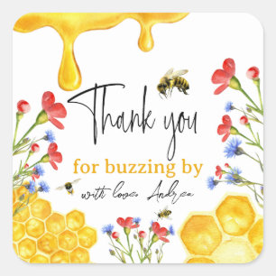 Wildflowers and Yellow Honey Bee Watercolor Floral Square Sticker