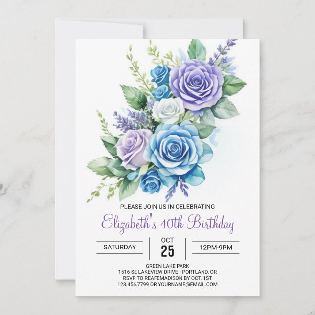 Wildflowers Aqua Blue 40th Birthday  Invitation (Front)