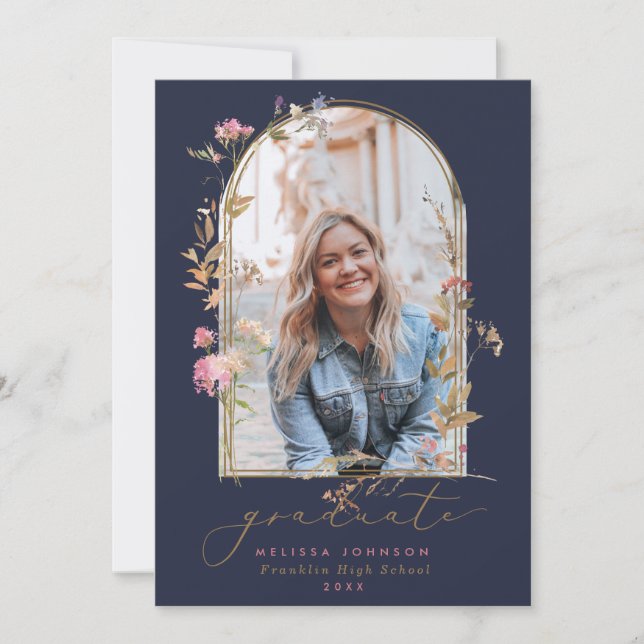 Wildflowers Arch Navy Photo Graduation Announcement (Front)
