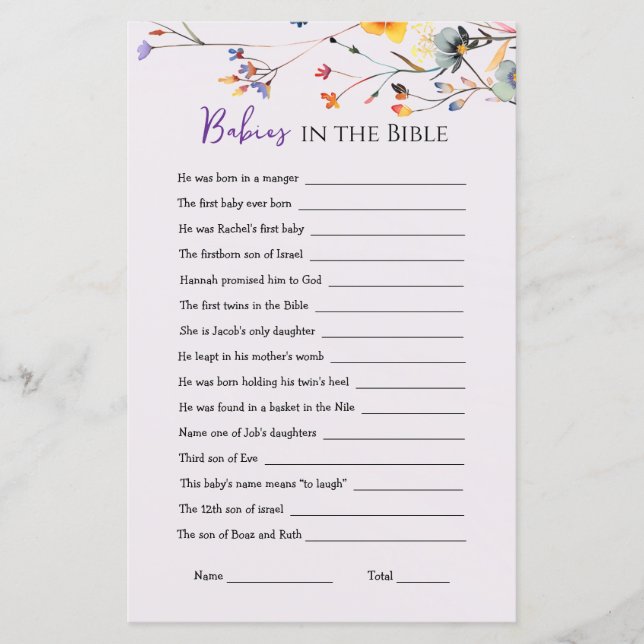 Wildflowers Babies in the Bible Baby Shower Game   (Front)