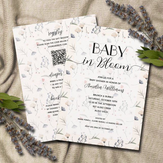 Wildflowers Baby in Bloom Ivory Shower All in One Invitation (Wildflower baby in bloom ivory all in one baby shower invitations, PRINTED and/or DOWNLOAD)