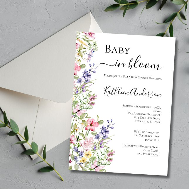 Wildflowers Baby In Bloom Pink Purple Baby Shower Invitation (Wildflowers Baby in Bloom Pink Purple Flowers Dragonfly Baby Shower invitation)