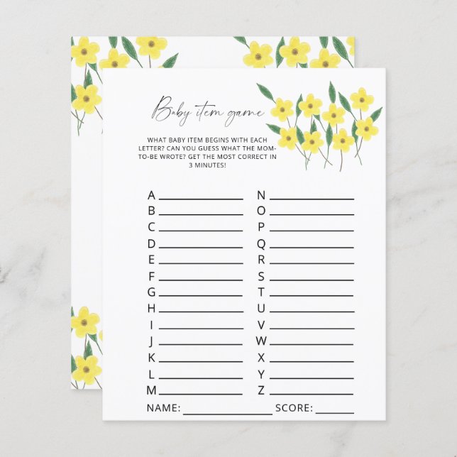 Wildflowers Baby Item Game. Baby Shower Game (Front/Back)