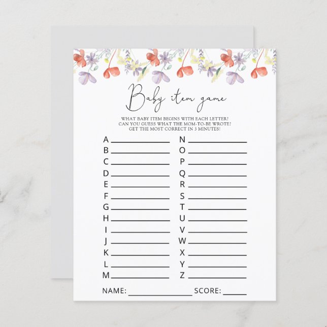 Wildflowers Baby Item Game. Baby Shower Game (Front/Back)