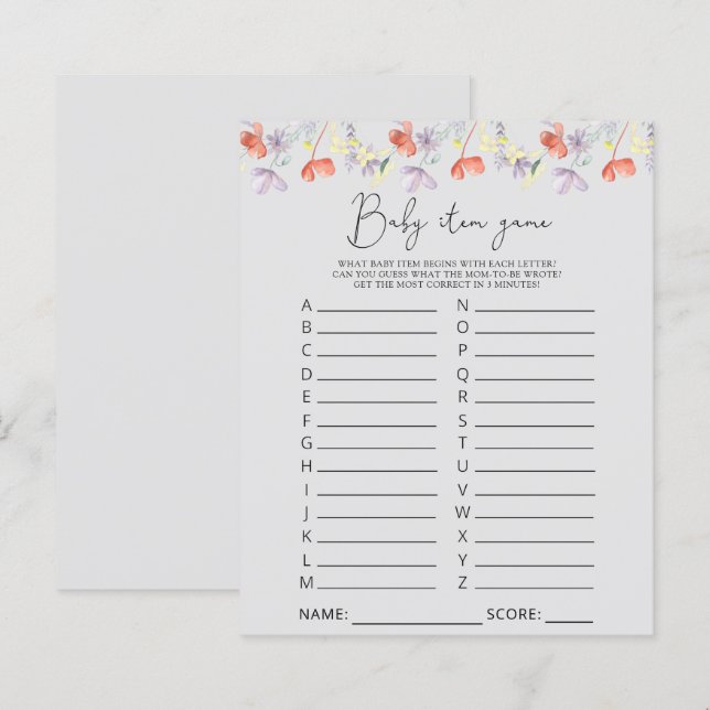 Wildflowers Baby Item Game. Baby Shower Game (Front/Back)