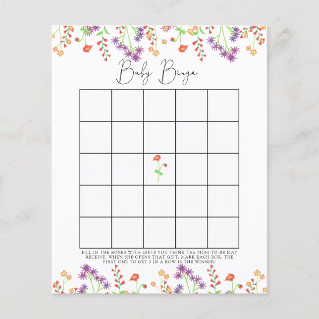 Wildflowers Baby shower bingo game (Front)