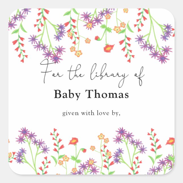 Wildflowers- Baby Shower bookplate, books for baby Square Sticker (Front)
