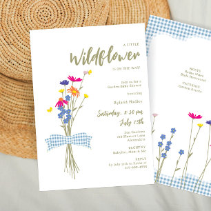 Wildflowers Baby Shower Dusty Blue Gingham Bow Invitation