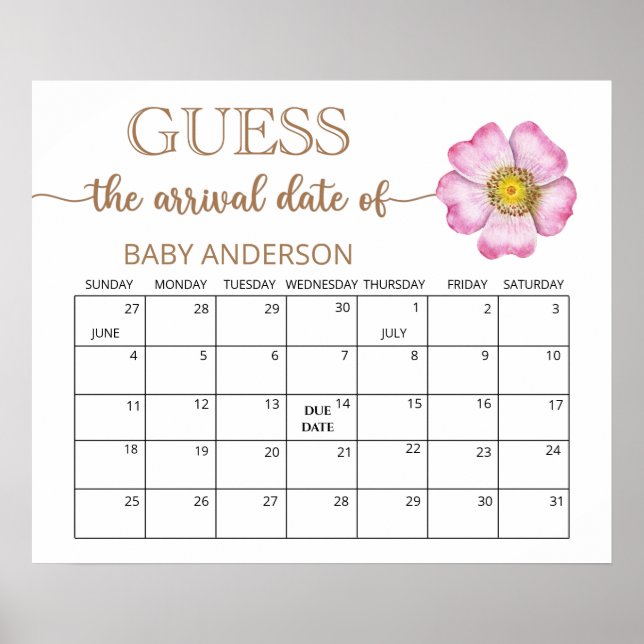 Wildflowers Baby Shower Guess Due Date Calendar  Poster (Front)