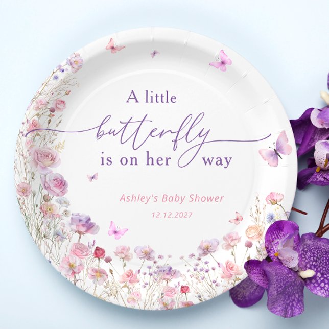 Wildflowers Baby Shower Purple Pink Butterfly Paper Plate (Creator Uploaded)