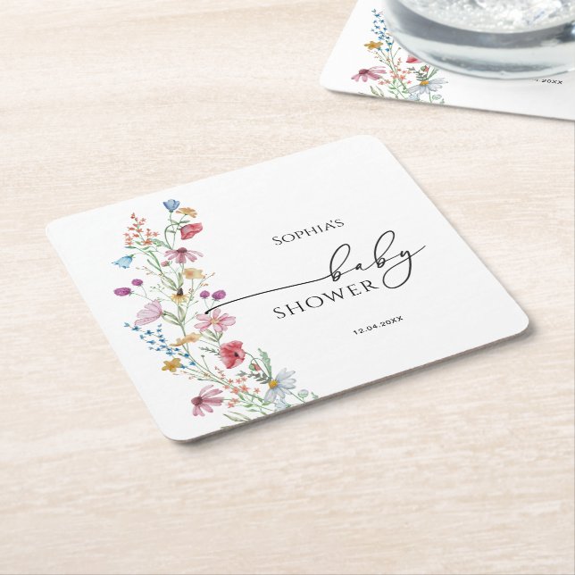 Wildflowers Baby Shower Square Paper Coaster (Angled)