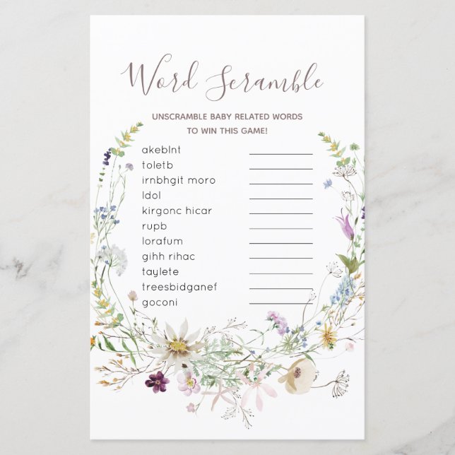 Wildflowers Baby shower Word Scramble Game (Front)