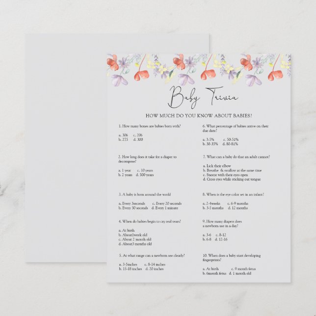 Wildflowers Baby Trivia | Baby Shower Game (Front/Back)