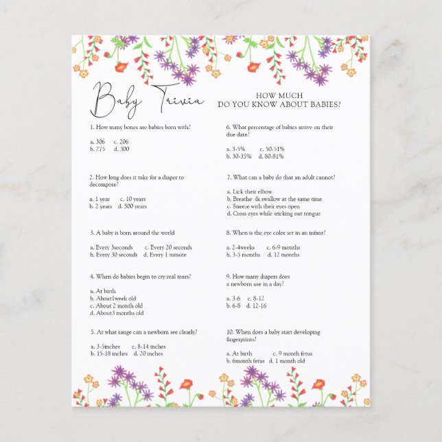 Wildflowers Baby Trivia | Baby Shower Game (Front)