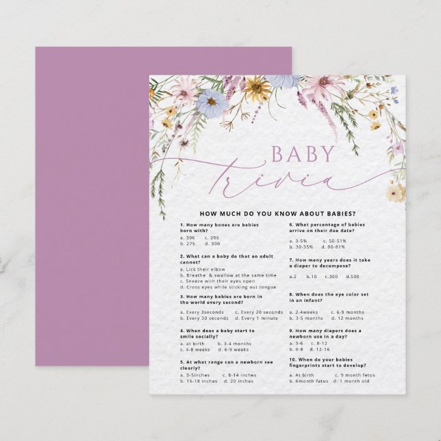 Wildflowers Baby Trivia Baby Shower Game Card (Front/Back)