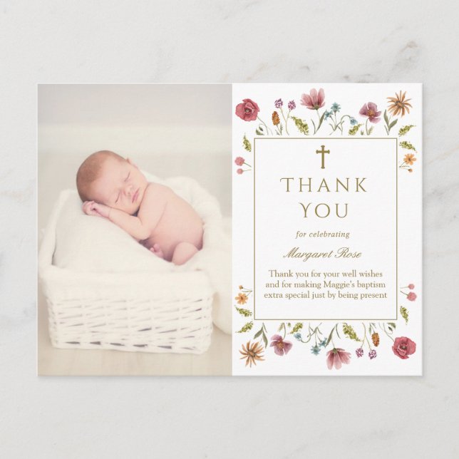 WildFlowers Baptism Photo Thank You  Postcard (Front)