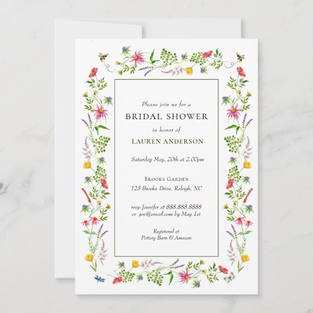 Wildflowers & bees Bridal shower invitation (Front)