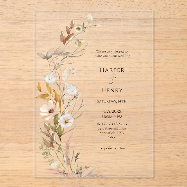 Wildflowers Beige Boho Botanical Wedding  Acrylic Invitations (Front)