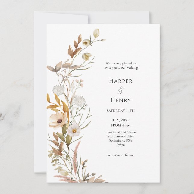 Wildflowers Beige Boho Botanical Wedding  Invitation (Front)