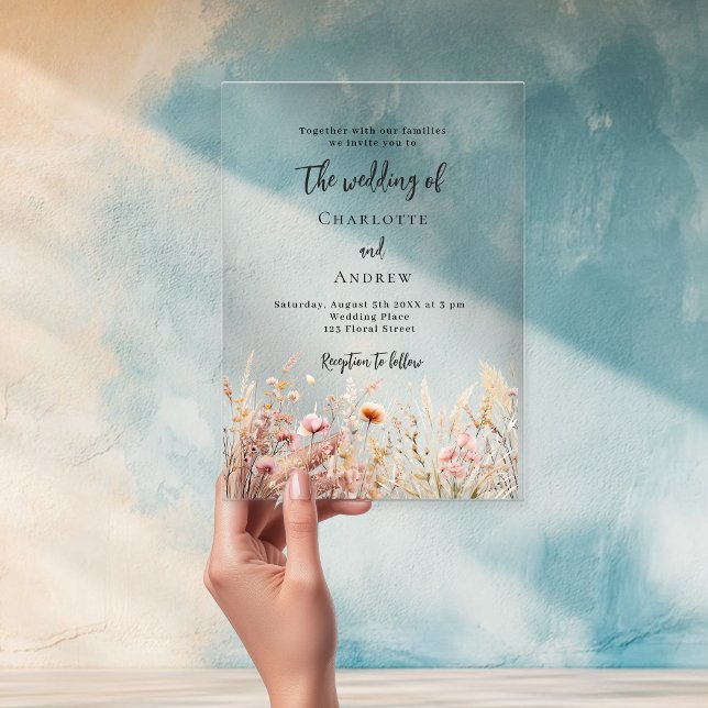 Wildflowers beige cream pink clear wedding acrylic invitations (Creator Uploaded)