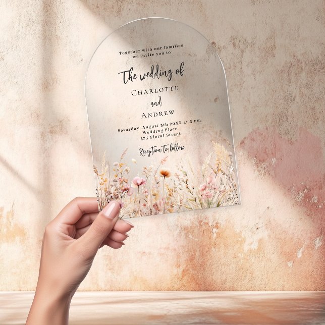 Wildflowers beige cream pink clear wedding arch acrylic invitations (Creator Uploaded)