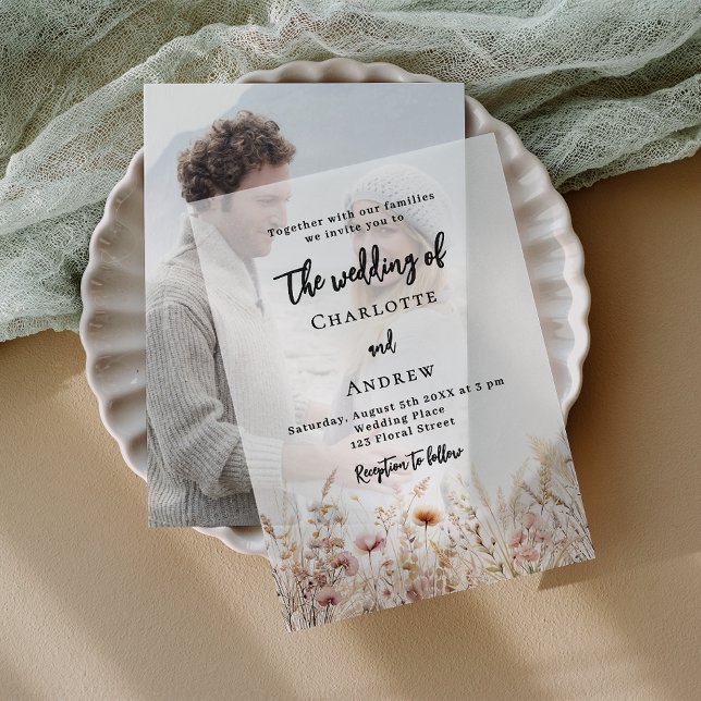 Wildflowers beige cream pink wedding vellum invitations (Creator Uploaded)